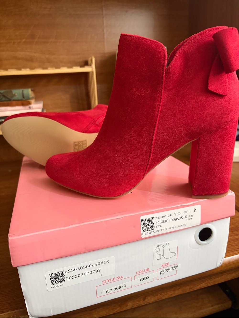 Allegra K Red Suede Ankle Booties with Block Heel and Bow Accent